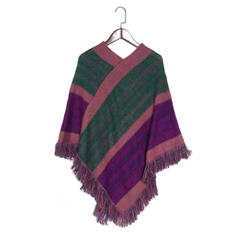 Áo choàng len Pashmina chui đầu cổ chữ V viền tua rua kẻ sọc màu sắc phong cách dân tộc thời trang mùa đông cho nữ
 | BigBuy360 - bigbuy360.vn