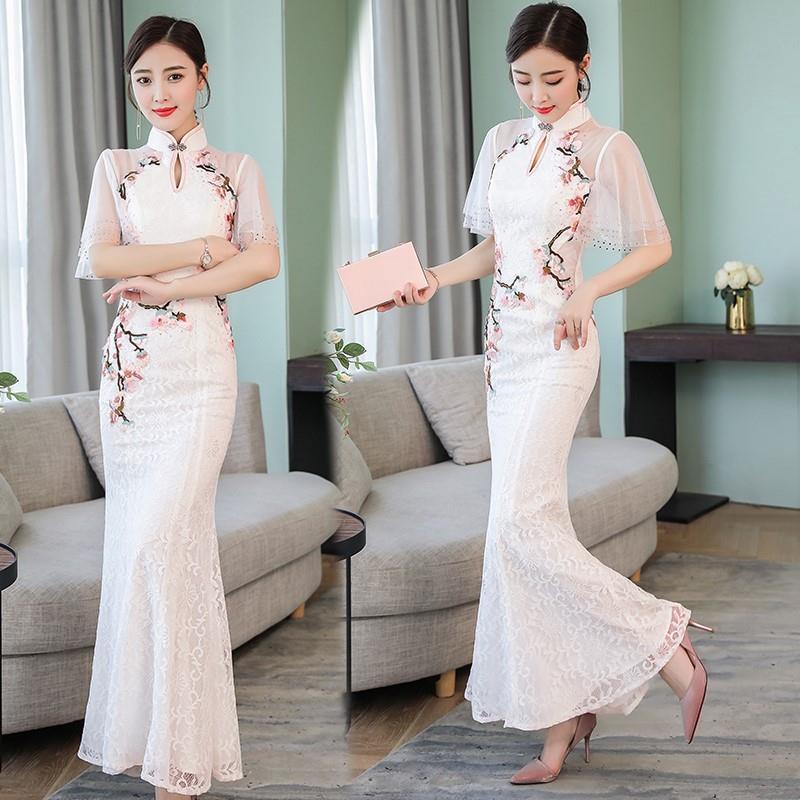 Mùa xuân năm 2021 mới cải tiến sườn xám dài thêu nặng thanh lịch và quý phái cô gái trẻ váy dạ hội gợi cảm