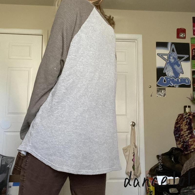 Áo Thun Tay Dài Cổ Tròn Phối Màu Sắc Tương Phản Phong Cách Cổ Điển Cho Nữ dance1o1