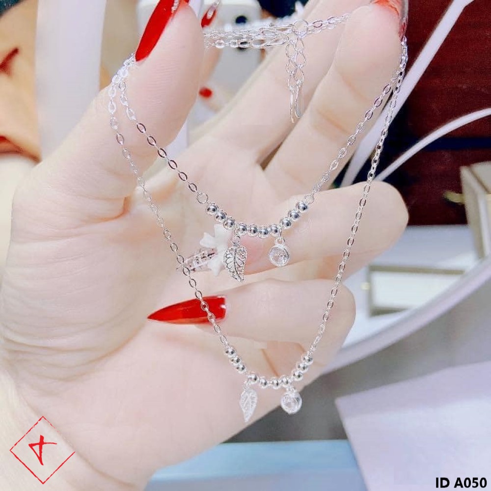 Bộ lắc chân lắc tay bạc đính lá và viên đá TIMS A050