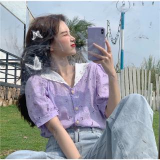 Hàng mới v hollow immortal short price, collar, photo, buckle, real temperament, pearl Korean super sleeve female baby Real shirt,