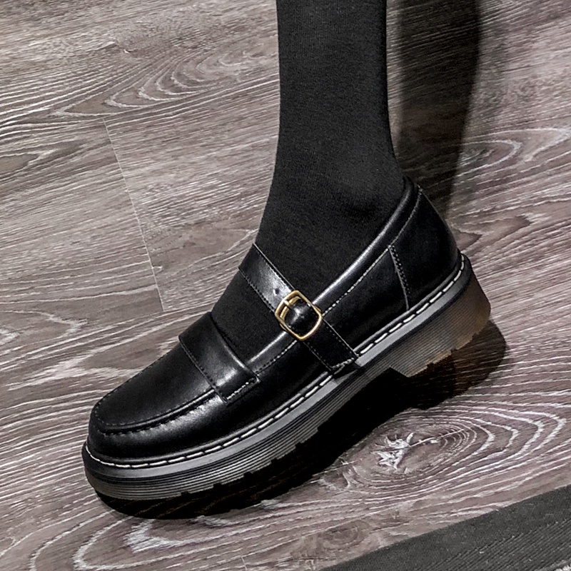 Giày Da Đế Dày Màu Đen Phong Cách Retro Nhật Bản Size 34-42 Cho Nữ