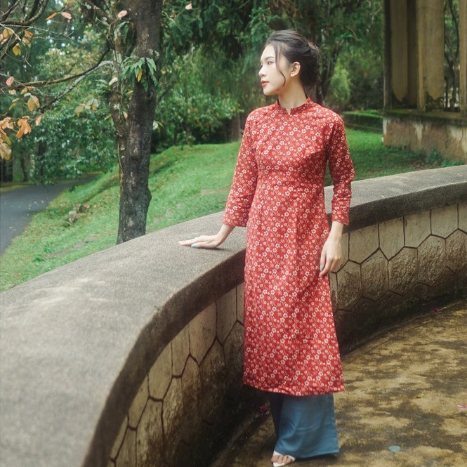 Áo dài cà bông hoa nhí đỏ form truyền thống AD110 - B6