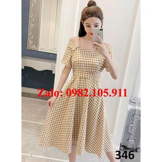 [Hot Sale] - ĐẦM SỌC CARO CAO CẤP TRỂ VAI 2 MÀU VÀNG VÀ ĐEN ĐỦ SIZE  40 ĐẾN 70KG -  -346 