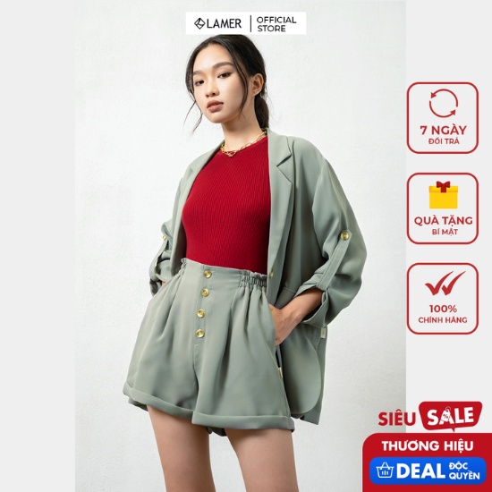 Quần short nữ cạp chun gấu lơ vê by LAMER V64S21Q016