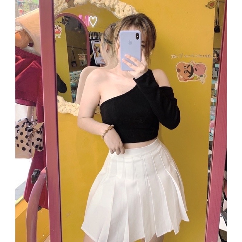 Áo cropptop tay dài khoét vai , xéo 1tay thun co giãn