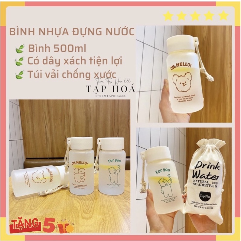 Bình nước FREESHIP bình nhựa đựng nước 500ml hình bear dễ thương mang đi học, đi làm, tập thể dục PK140