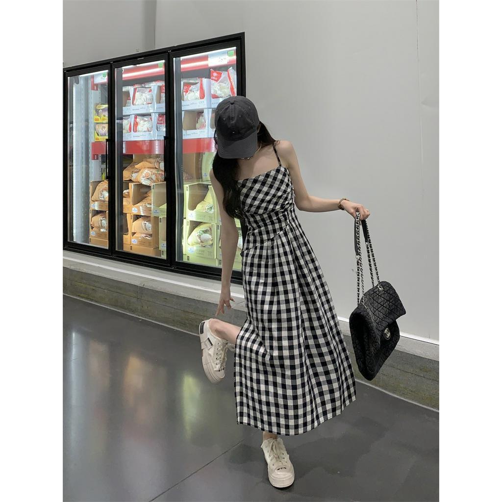 62917 Phong Cách Mới Đầm Hai Dây Kẻ Caro