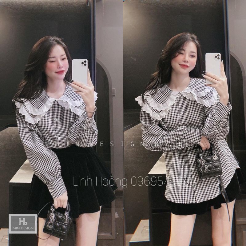 ÁO CARO TAY DÀI CỔ BÈO XINH