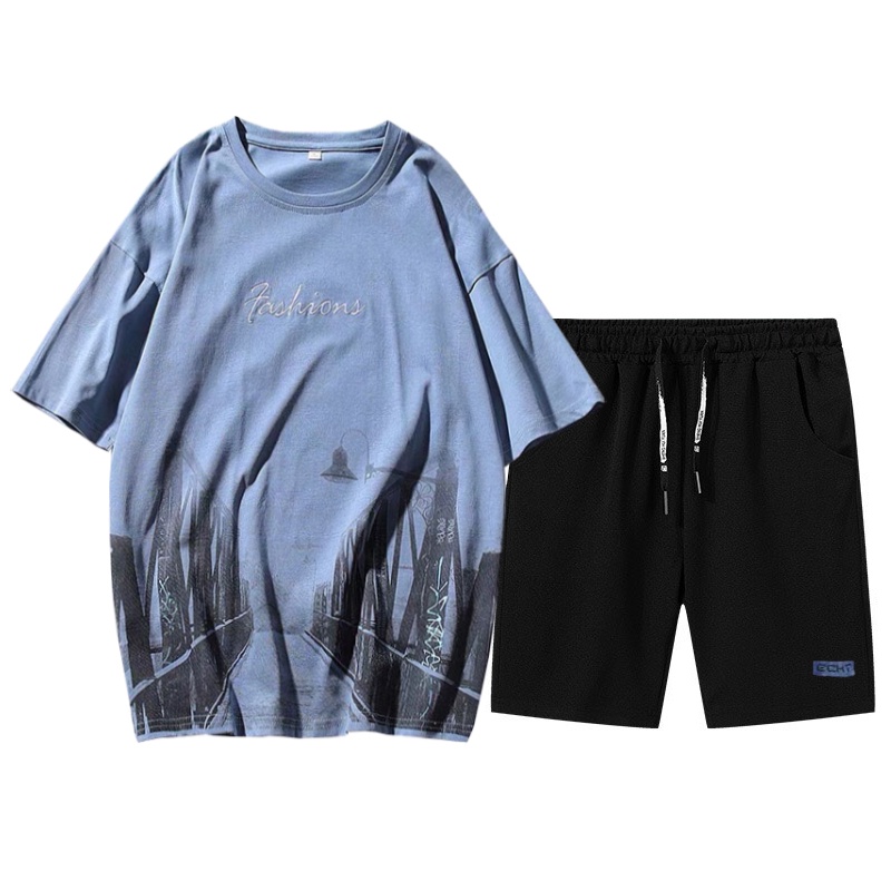 Set Bộ 2 Món Quần Shorts + Áo Thun Nam Chất Vải Thun CB2_MAT167TH_MSH002THDEF6 (Tay Lỡ Fashions + Trơn Logo Xanh)