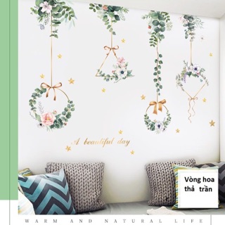 Decal trà sữa, cà phê vòng hoa thả Trần dán tường trang trí