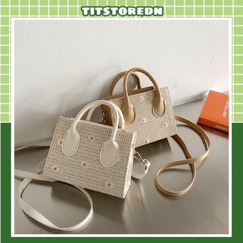 Túi đeo chéo cói thêu hoa phối da mùa hè (có sẵn, hình thật)