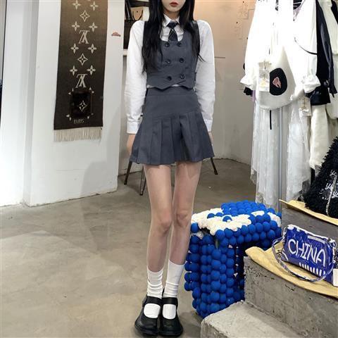 Set áo khoác không tay + áo sơ mi tay dài+ chân váy + cà vạt thời trang cho nữ