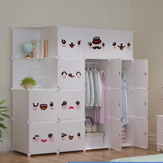 TỦ NHỰA GHÉP 14 Ô KÈM 2 GÓC SÂU 47cm. Thân trắng cửa trắng mặt cười. Tặng kèm 2 treo đồ.