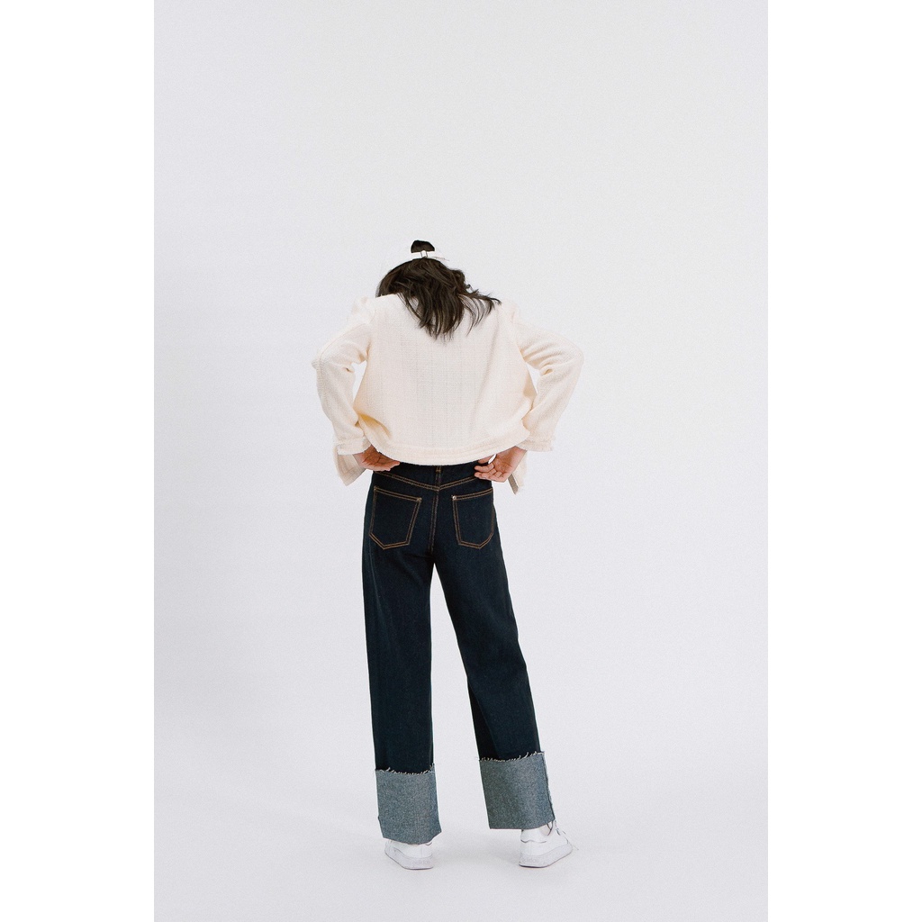LIBÉ - Quần jeans dài xắn lai dáng rộng màu xanh đen