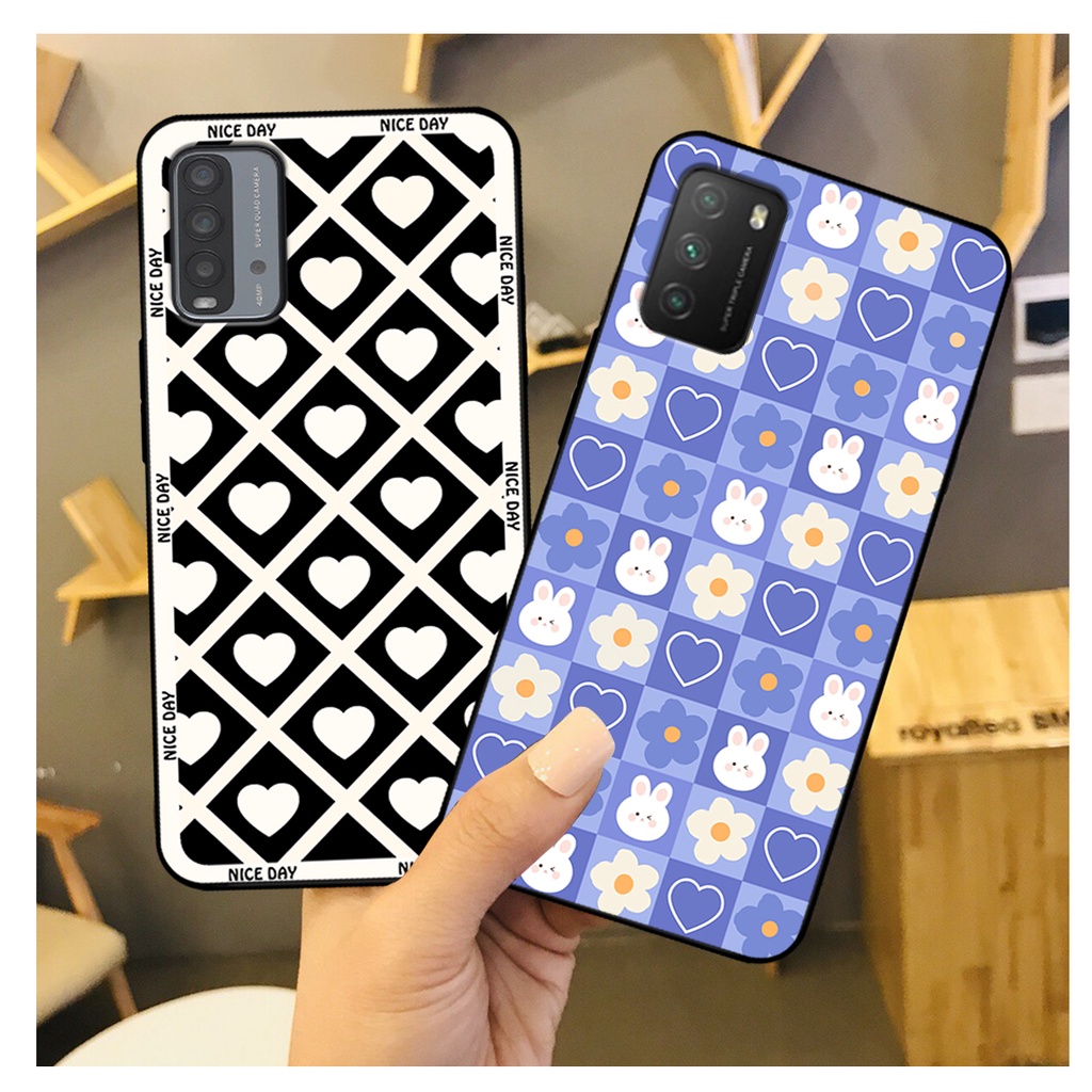 Ốp lưng Xiaomi Redmi 9T - Poco M3 in hoạ tiết caro trái tim đen trắng, gấu bear cute đáng yêu