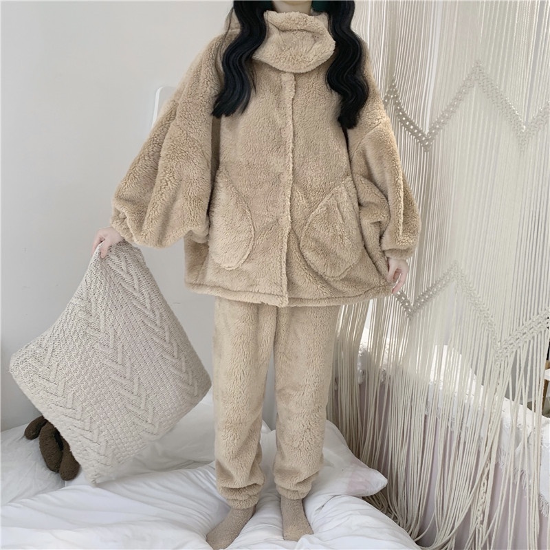 Bộ đồ ngủ mùa đông lông cừu giữ nhiệt tốt, nhung bông mềm mịn cho nữ siêu ấm, bộ mặc nhà nữ dày dặn có vòng cổ -THÔNGTHU | BigBuy360 - bigbuy360.vn