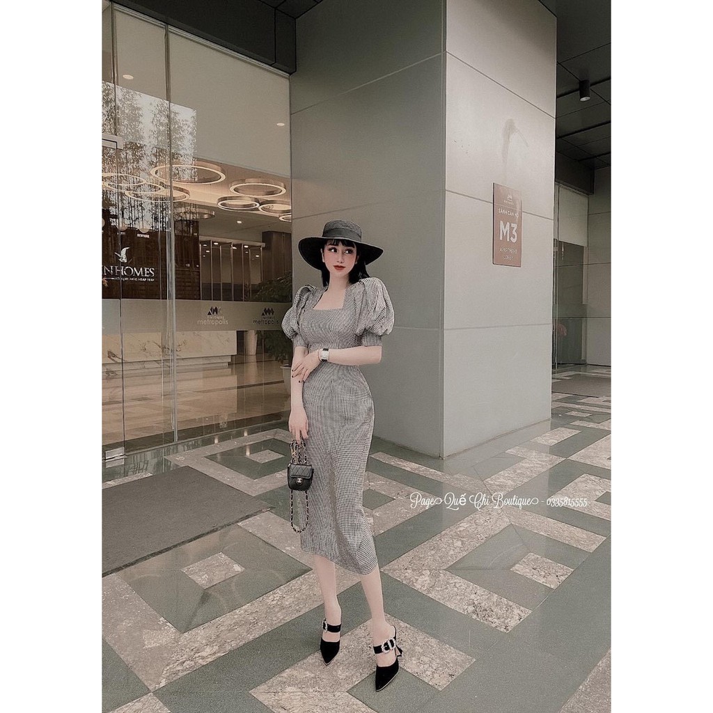 < MAXI > VÁY KẺ TAY BỒNG MIX CỔ TIỂU THƯ