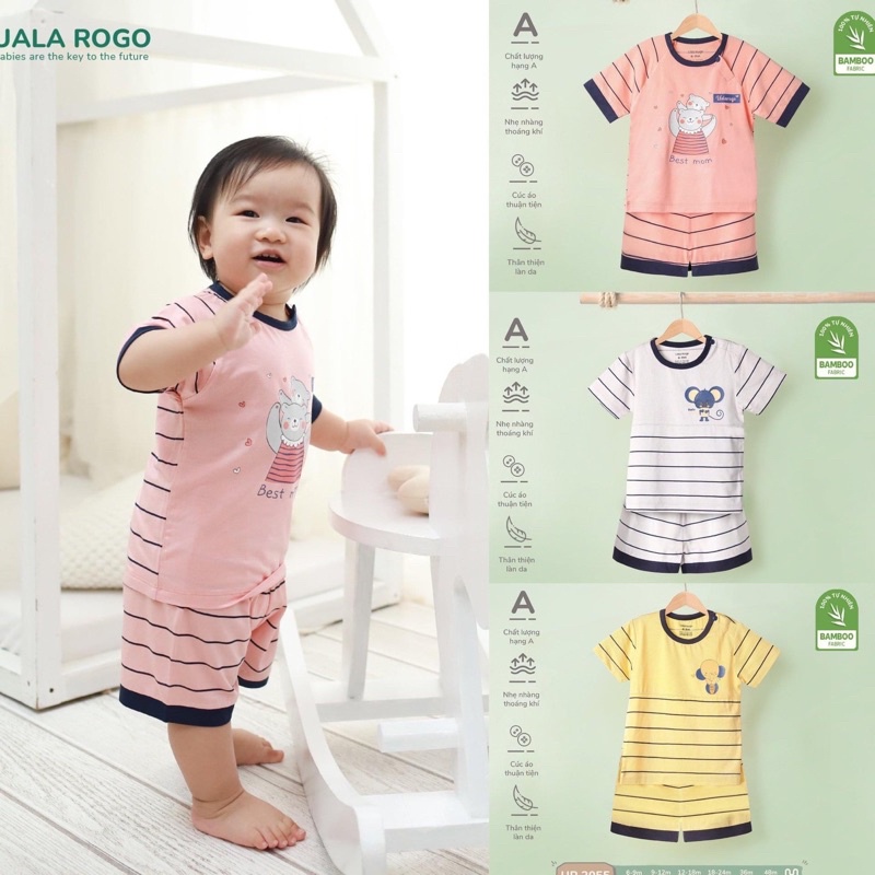 UR2055 Bộ cộc tay cài vai UalaRogo vải sợi tre phối kẻ (6-48M)