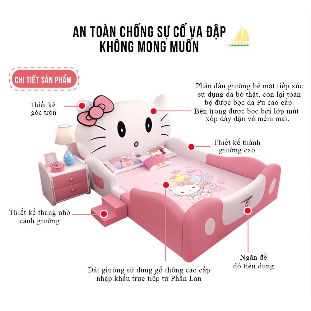 [THANH LÝ HÀ NỘI] Giường gỗ cho bé- Hello kitty- Size lớn 150x200cm + TẶNG KÈM: 01 THẢM