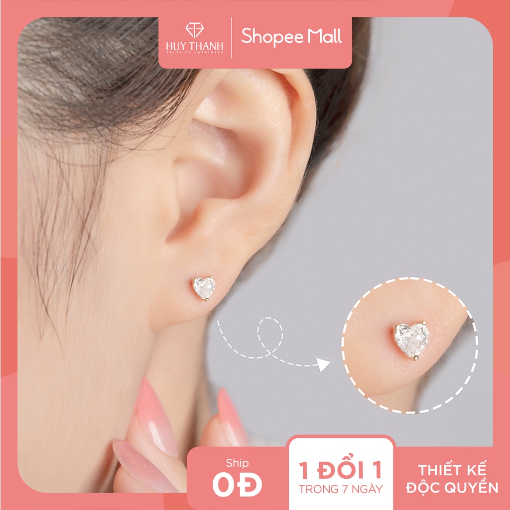 Bông Tai Vàng Vàng 14K Thiết Kế Họa Tiết Hình Trái Tim Đính Đá CZ Cao Cấp Lấp Lánh BTAM42 Huy Thanh Jewelry
