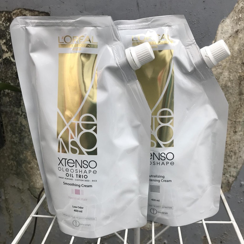 Cặp thuốc duỗi và uốn tóc L'Oreal XTenso Oleo Shape Smoothing Cream 480ml dành cho tóc trung bình