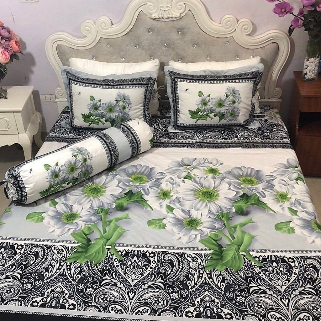 Bộ 4 Món Ga Vỏ Gối Cotton Poly Hoa Đá 3D (1 ga, 1 vỏ gối ôm và 2 vỏ gối đầu)