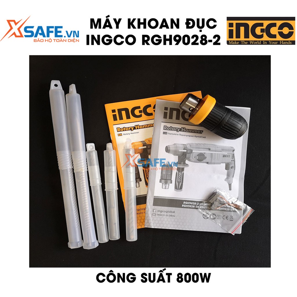 Máy khoan búa 3 chức năng 800w INGCO RGH9028-2 đầu gài sds plus, 2 đầu chuyển đổi, tốc độ 1100rpm, lực đập 2.5j