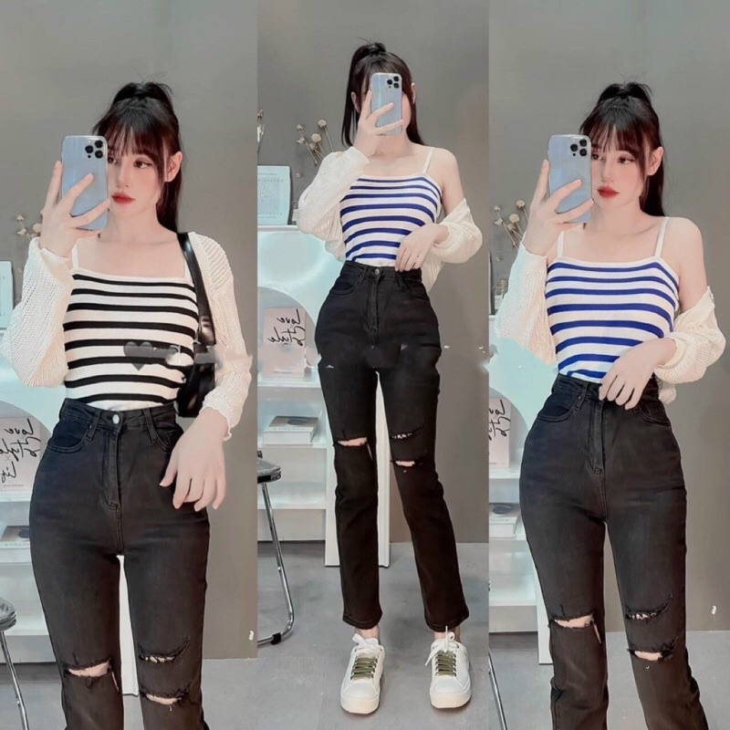 Set áo len 2 dây kẻ croptop kèm khoác len dệt kim siêu xinh