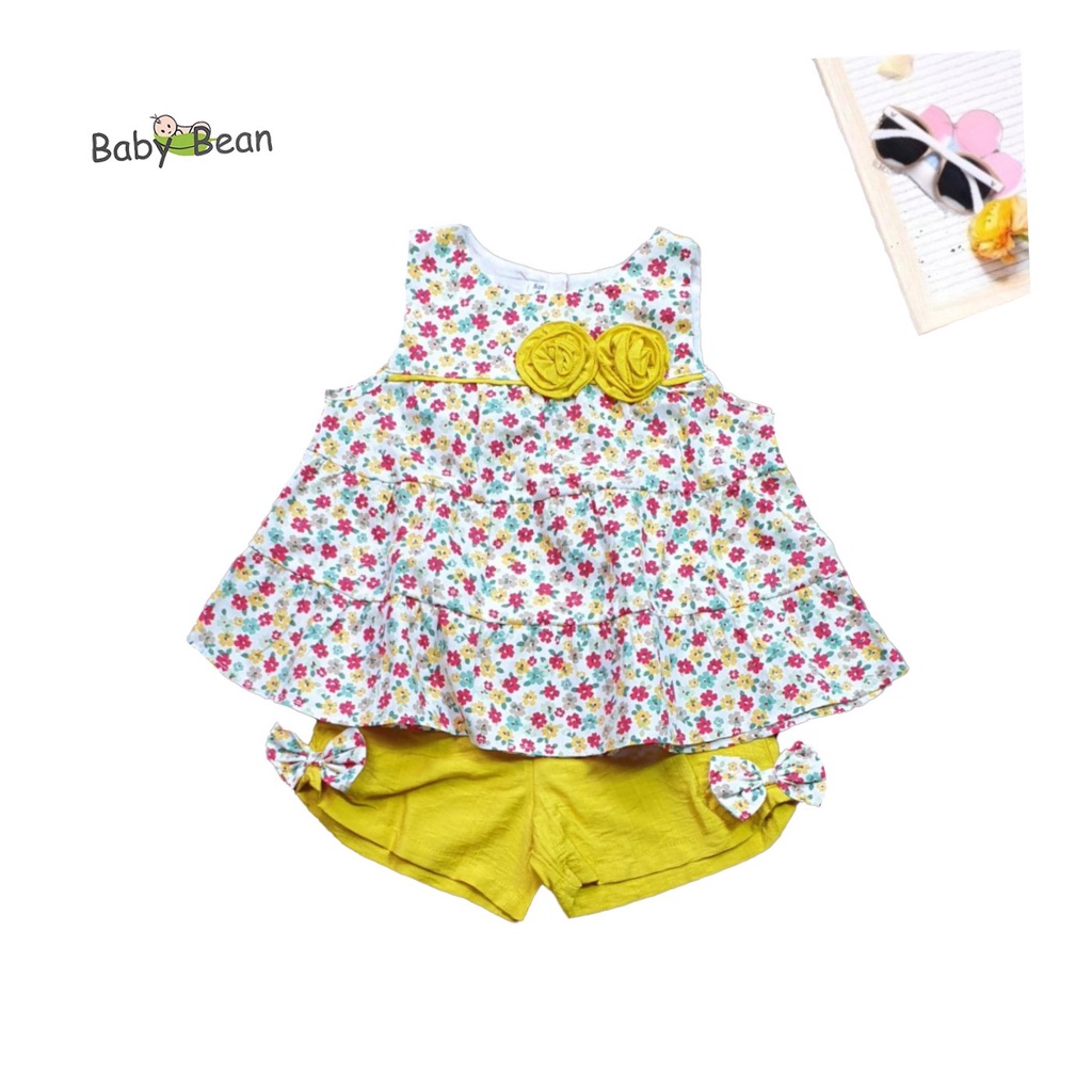 Bộ Đồ Cotton Đính Hoa Hồng Thắt Nơ Bé Gái BabyBean