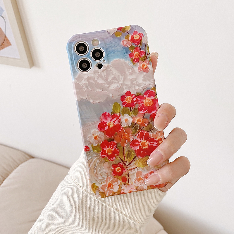 Art Oil Painting Flowers Liquid Silicone Camera Protection Anti-drop Phone Case For iPhone 12 Pro Max 12Pro 12 Mini iPhone SE2020 11Pro Max 11Pro 11 iX XR XS Max 7 8 Plus Full Coverage case
