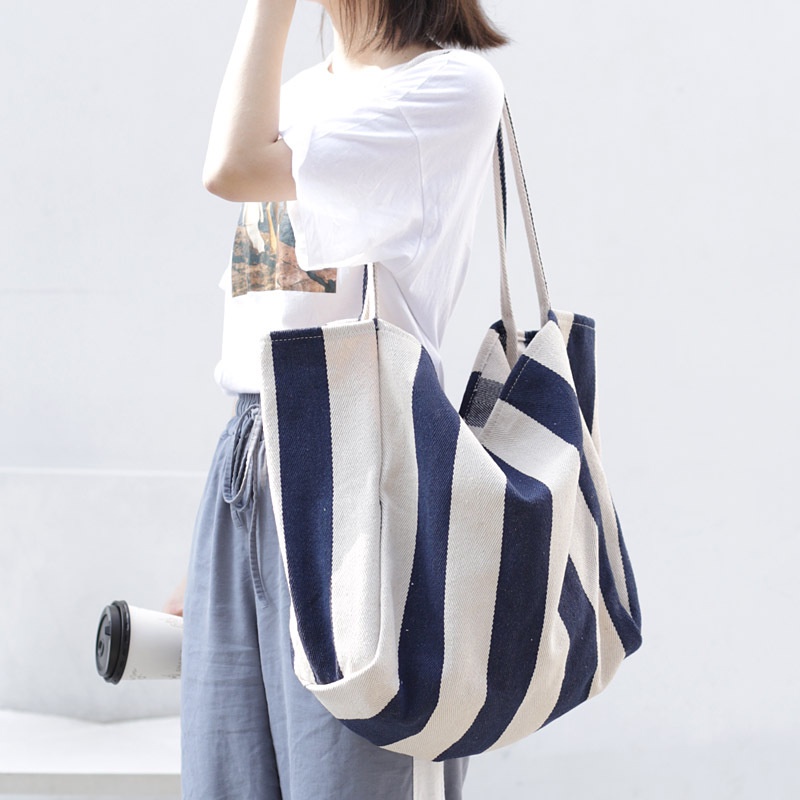 Túi Xách Nữ Vải Canvas Sọc Ngang Thời Trang Hàn Quốc Xinh Xắn