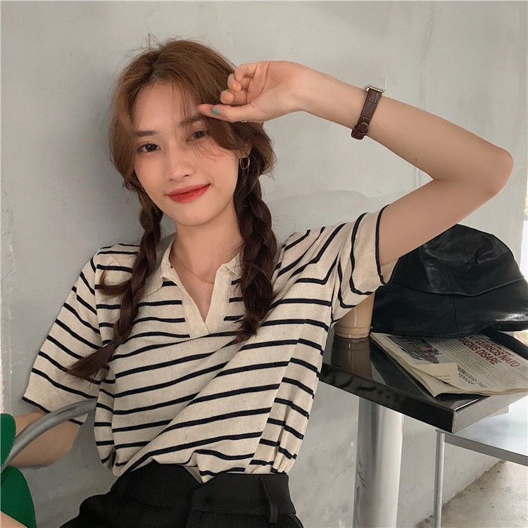 Áo polo Ngắn Tay Form Rộng Họa Tiết Sọc Ngang Phong Cách Retro Dành Cho Nữ