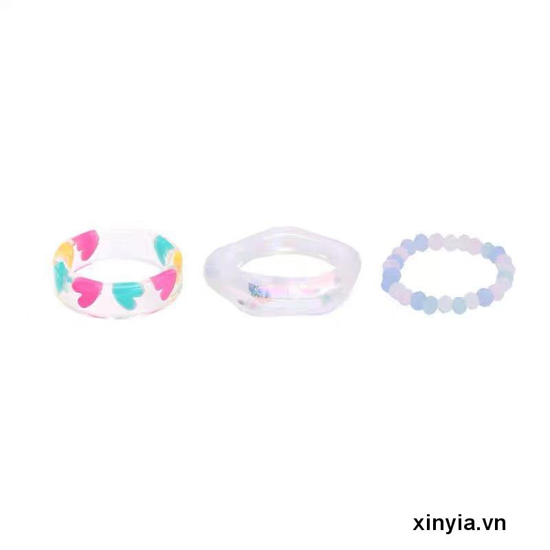 Bộ 3 Nhẫn Acrylic Trong Suốt Đính Hạt Hình Trái Tim Nhiều Màu