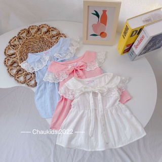 Bộ thô đũi dáng babydoll phối ren nơ cho bé gái