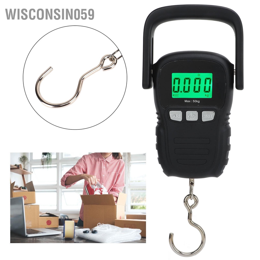 Wisconsin059 Cân treo kỹ thuật số Phạm vi 50kg Còng bằng thép không gỉ chống thấm S Móc Vỏ nhựa cần cẩu điện tử cầm tay