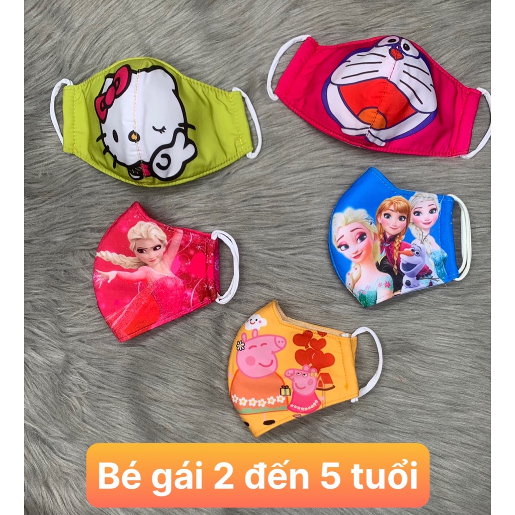 [HCM] Combo 5 khẩu trang vải bé trai  và bé gái 3 lớp in hình 3D mặt sau lót lưới mè mịn , có size 2 đến 5 tuổi và 5 đến