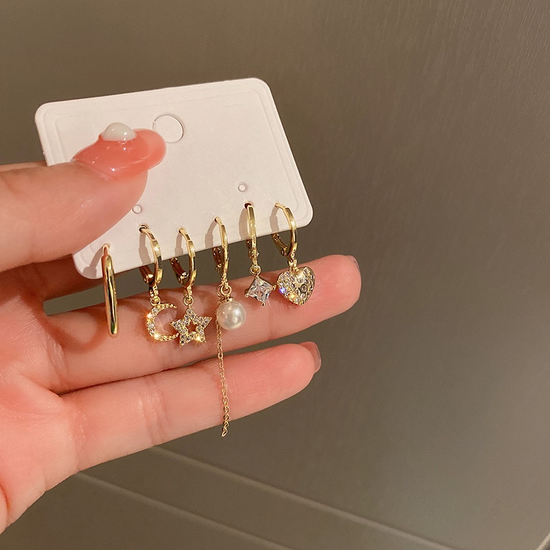 6 CÁI / BỘ Bông Tai Mạ Vàng Nữ Ngọc Trai Bông Tai Bông Tai Sao Và Mặt Trăng Bông Tai Thời Trang Bông tai cho cô gái