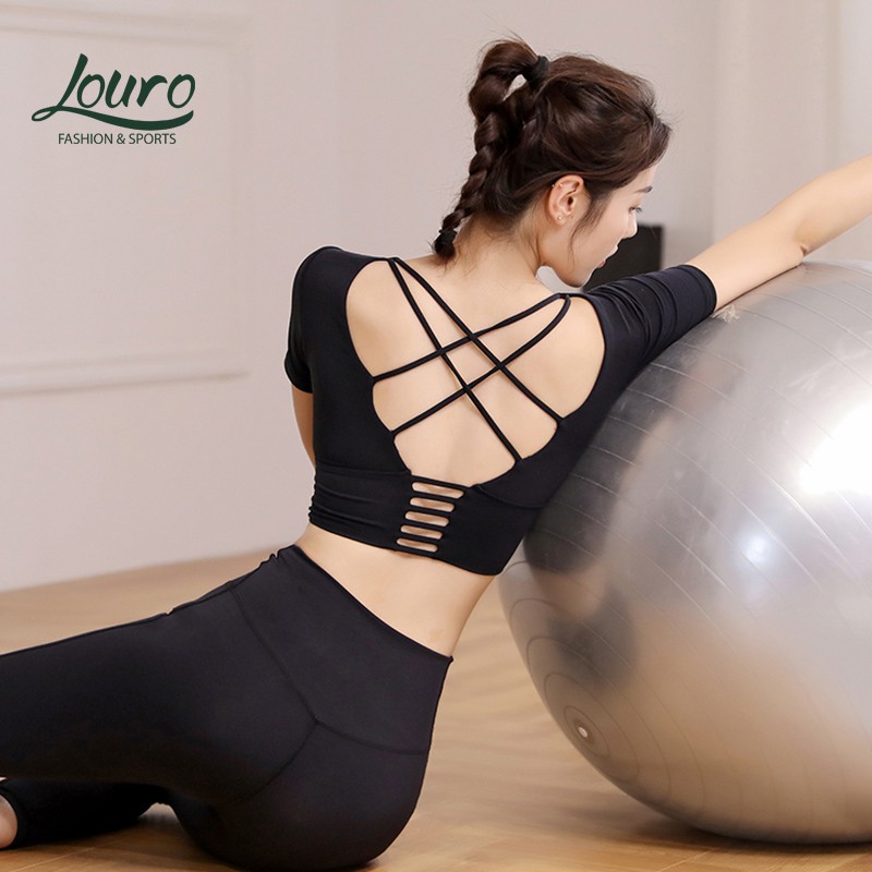 Áo tập gym nữ cao cấp Louro LA31, kiểu áo croptop body nữ quai chéo, sẵn mút nâng ngực, tập Yoga, Gym, Zumba