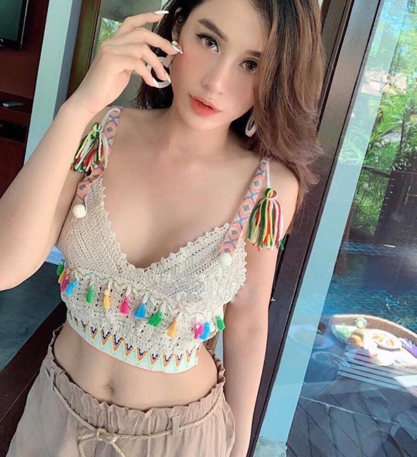 Áo bra đan móc kiểu thổ cẩm phối chun gấu