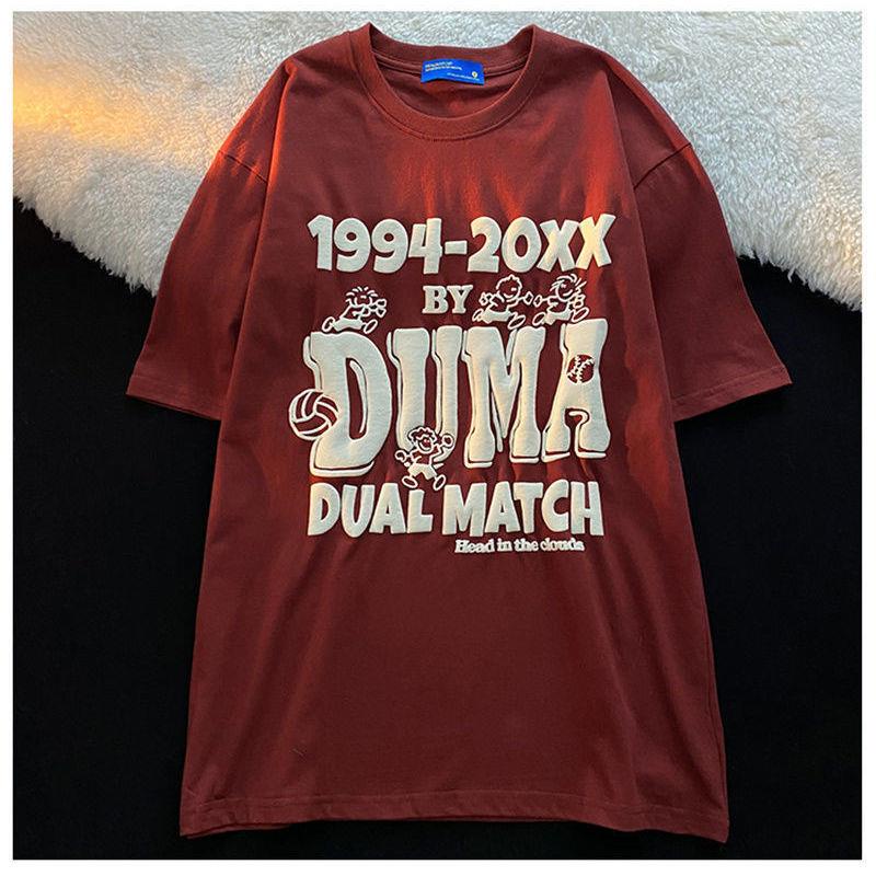 Áo Thun 100% Cotton Nguyên Chất Tay Ngắn Màu Đỏ Rượu Vang Phong Cách Đường Phố Mới Dành Cho Cặp Đôi