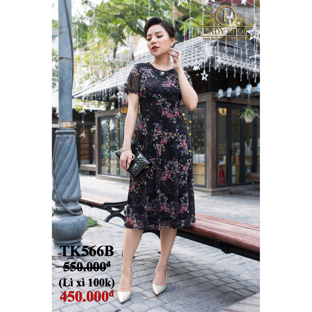 Đầm trung niên Thời trang Quý bà cao cấp Ladyshop Đầm thun lưới xòe cúc bọc TK566