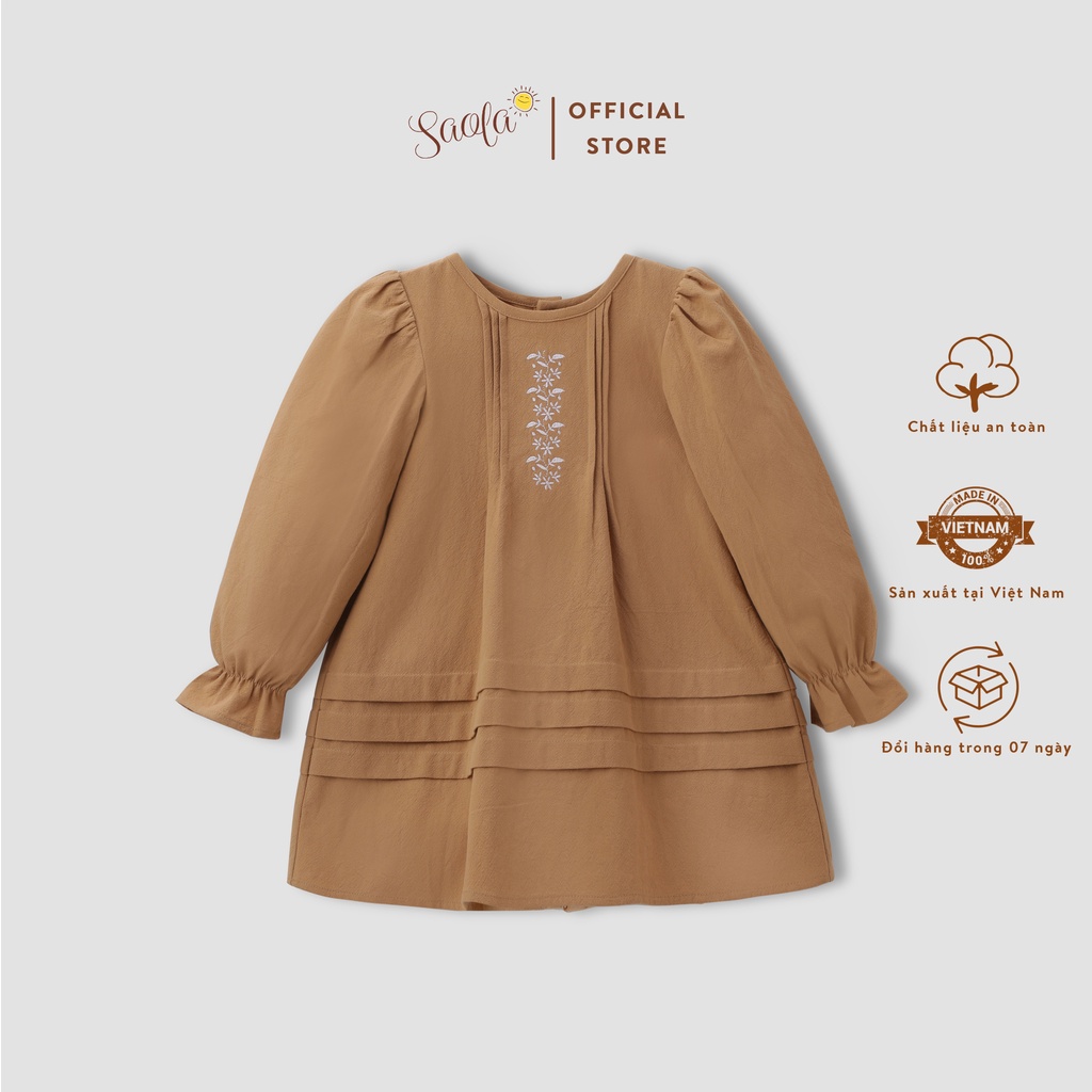 Đầm Bé Gái Xếp Ly Tay Dài Thêu Hoa SAOLA KIDS CLOTHING DRC001 Màu Vàng Nâu