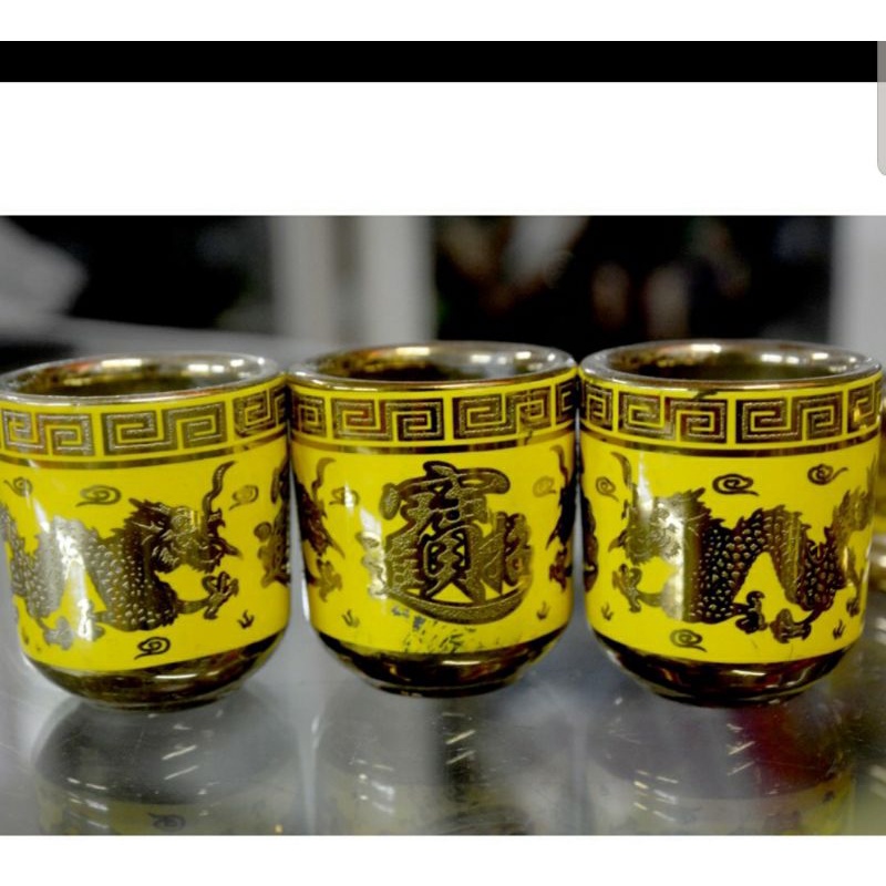 Bộ chung cúng 3 ly và 5 ly hàng 3d vàng họa tiết con rông-Gốm sứ tráng men cao cấp