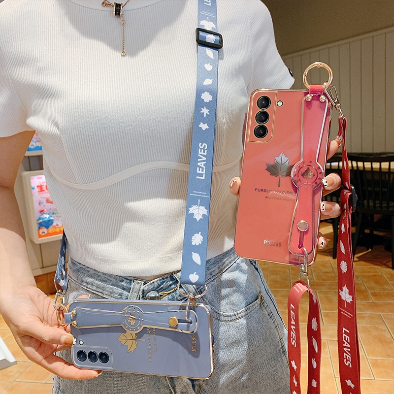 Ốp Điện Thoại Silicone Mềm Họa Tiết Lá Phong Có Dây Đeo Cho Samsung Galaxy S22 Ultra S21 S20 FE S10 Plus