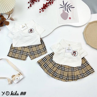 Set bộ polo trắng phối quần, váy kẻ nâu be cho bé trai, bé gái 6-20kg