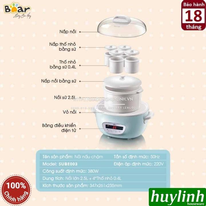 Nồi nấu chậm, chưng yến, nấu cách thuỷ Bear SUBE003 - 2.5 lít - Kèm xửng hấp + 4 thố nhỏ