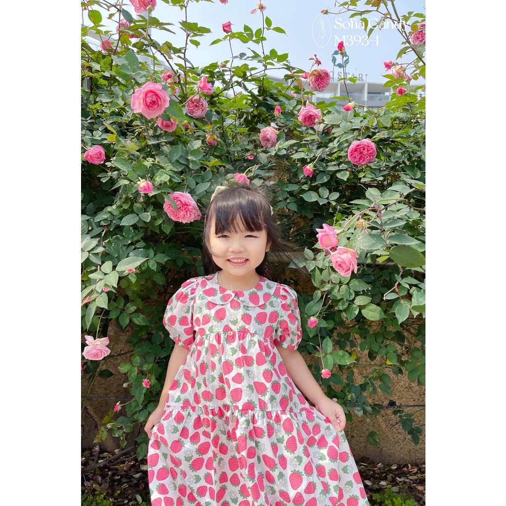 VNXK-VÁY SOFIA THIẾT KẾ FORM RỘNG HÌNH IN TRÁI DÂU, TAY PHỒNG CHO BÉ GÁI -MÃ ĐBG02