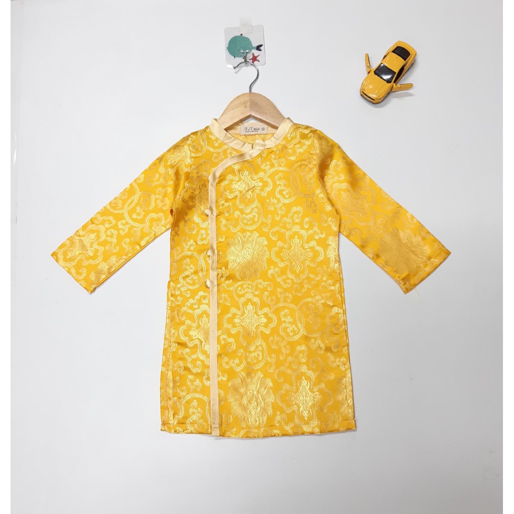 DG69-AD-02 - Áo dài cách tân bé trai , chất lụa , màu vàng in hình , size bé 12-14kg , made in Việt Nam.