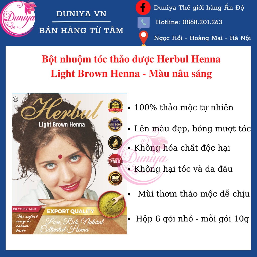 Bột nhuộm tóc thảo dược Herbul Henna - Màu Nâu Sáng Light Brown